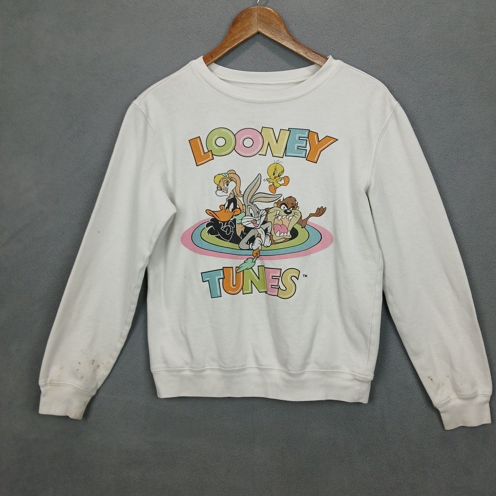 Looney Tunes Love Tribe Sweater Mens Small White Fleece Lined Graphic Cartoon